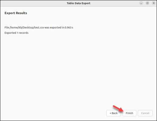 Table data export results finish