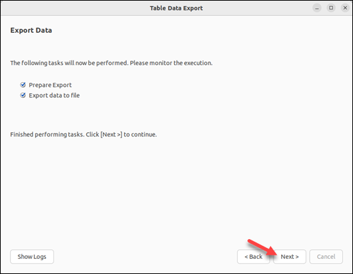 Table data export tasks completed