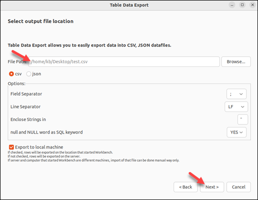 Table export output file location