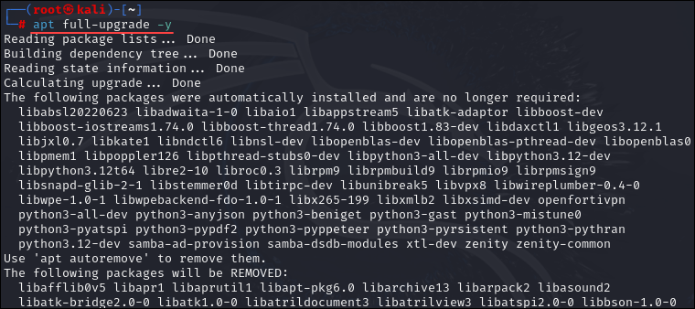 Upgrade the Kali Linux system with apt.
