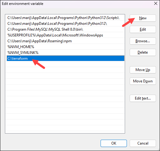 Enter the new location of the Terraform folder.