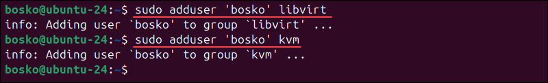 Adding user to the libvirt and kvm usergroups.