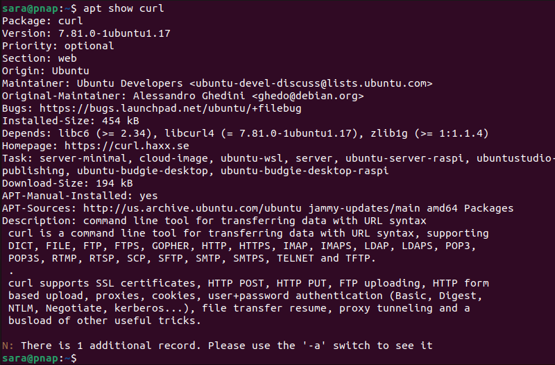 apt show curl terminal output