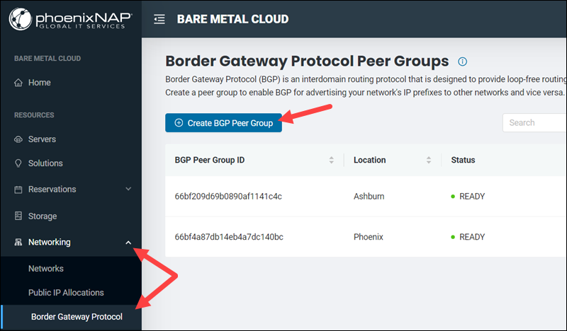 Location of the Create BGP Peer Group button in BMC.