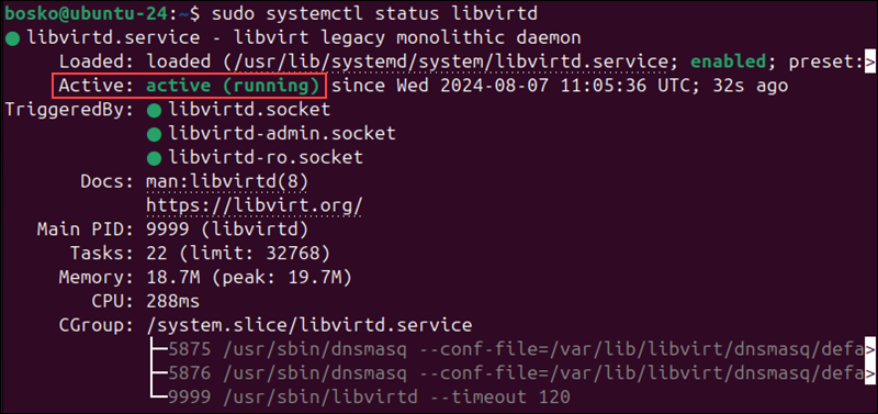 Checking the status of the virtualization daemon with systemctl.