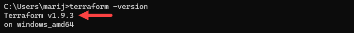 Checking the Terraform version in Windows Command Prompt.