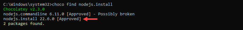 choco find nodejs.install cmd output