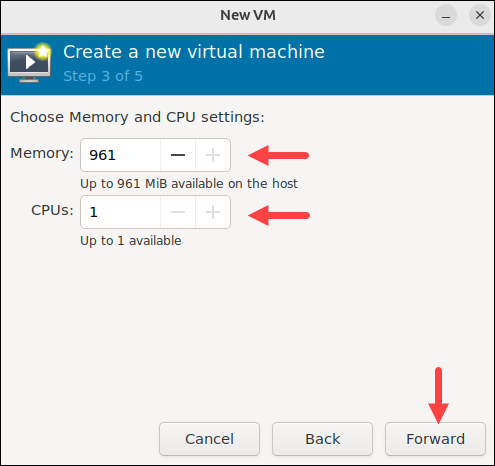 Configuring memory and CPUs amount in virt manager.