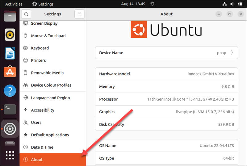 check Ubuntu version via GUI, About section in settings