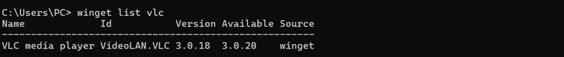 command prompt output for winget list vlc