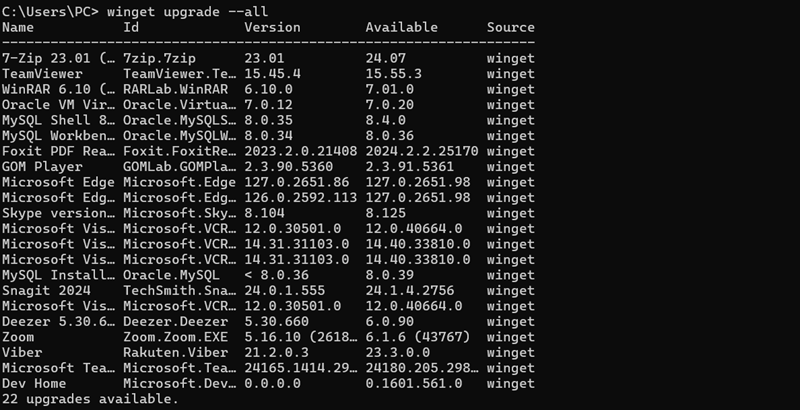 command prompt output for winget update -all list