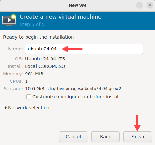 Naming the VM in virt manager on Ubuntu.