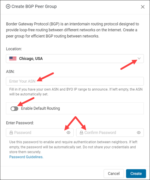 The options in the Create BGP Peer Group dialog.