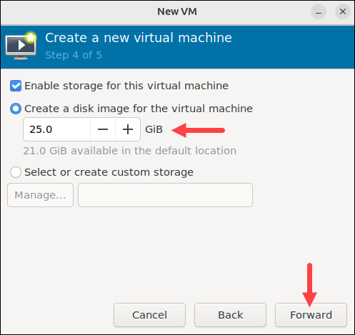 Creating a disk image in virt manager.