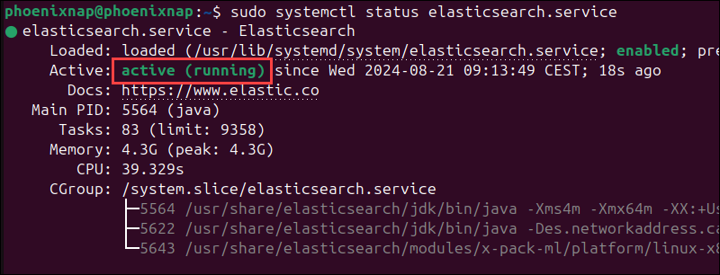 The status of the Elasticsearch service after a Debian package installation.