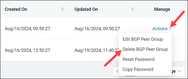 Location of the Delete BGP Peer Group option.