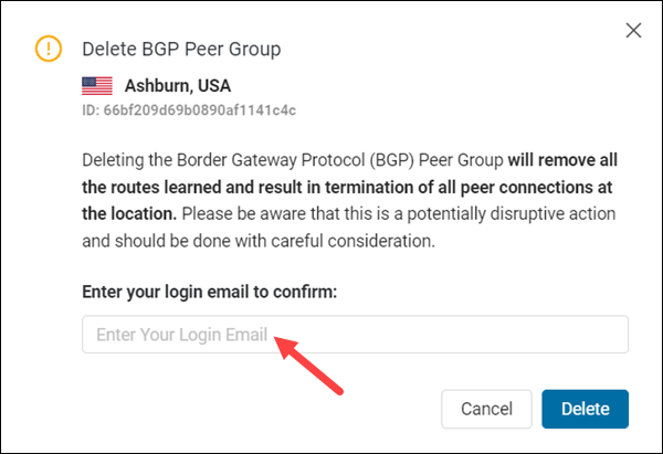The Delete BGP Peer Group dialog.
