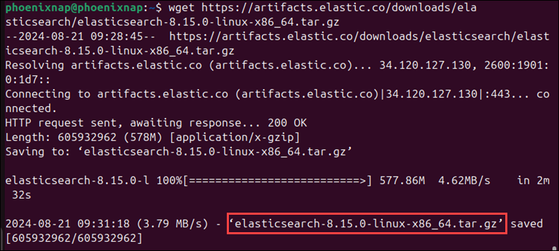 Command to download the Elasticsearch tar.gz archive.