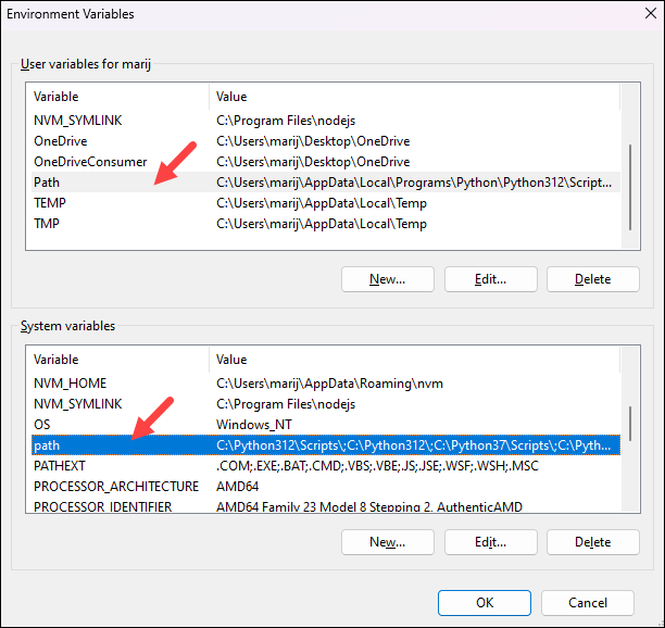 Editing the Path variable in the System and User variables.