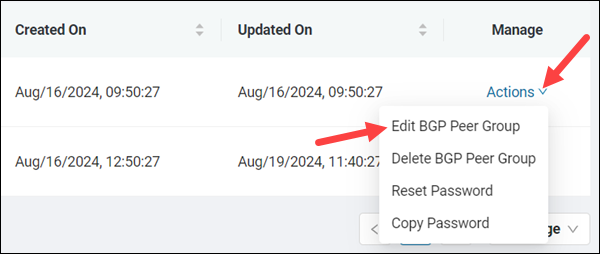 Location of the Edit BGP Peer Group option.