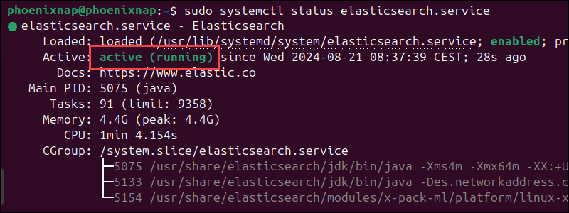 Confirming the Elasticsearch service is active and running.