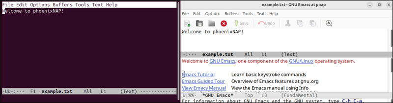 Emacs text editor CLI and GUI comparison.