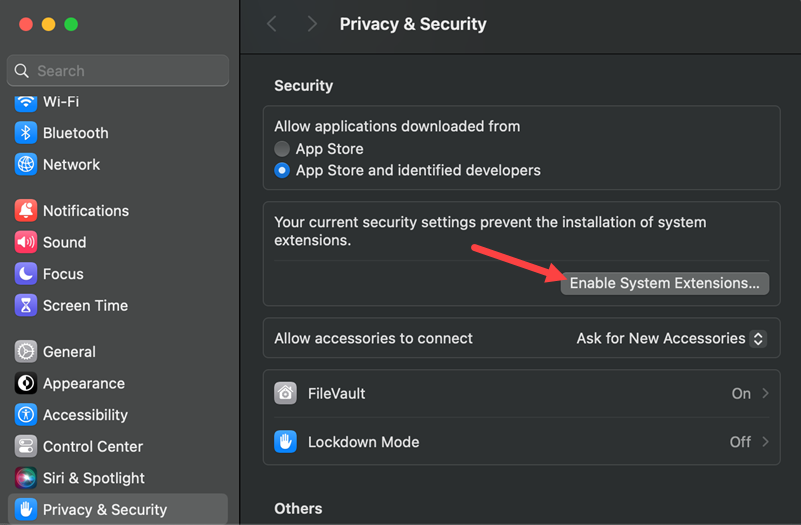 The location of the Enable System Settings button in the Privacy & Security section.