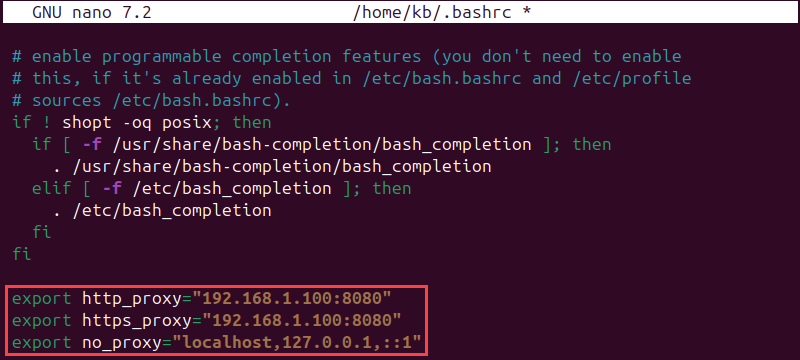 export http_proxy https_proxy and no_proxy variables .bashrc file