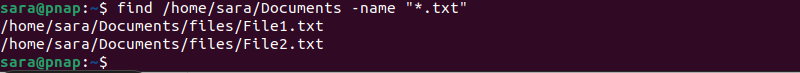 find /home/sara/Documents -name "*.txt" terminal output