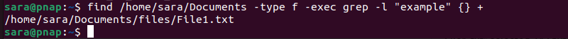 find /home/sara/Documents -type f -exec grep -l "example" {} + terminal output