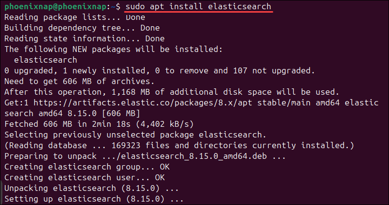 Install the Elasticsearch service on Ubuntu using the apt package manager.