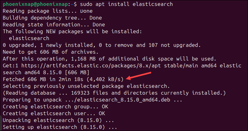 Installing Elasticsearch using the apt package manager.