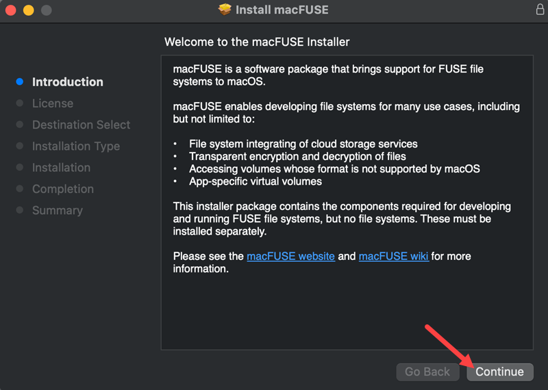 The first page of the macFUSE installer.