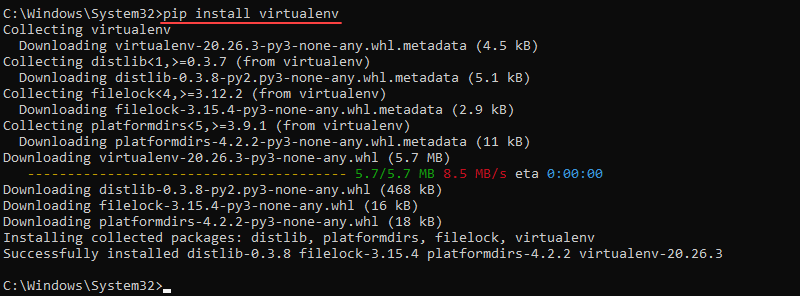 Installing virtualenv on Windows using pip.