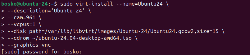 Installing a Ubuntu 24 VM using the virt-install command.