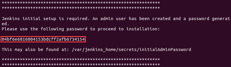 Displaying the location of the Jenkins password in the log file.