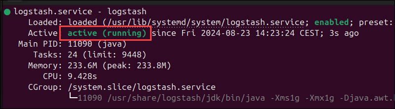 Logstash active and running on the Elastic stack.