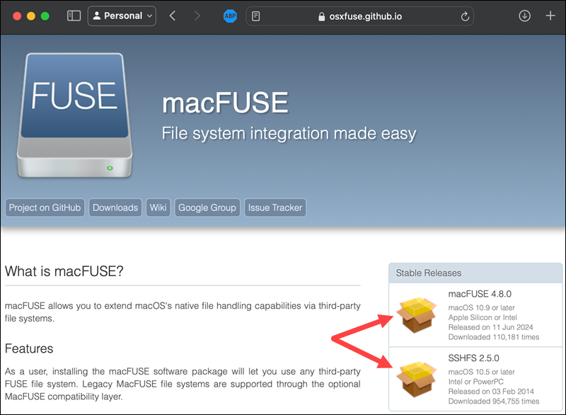 The official website of macFUSE with the Stable Releases download section.