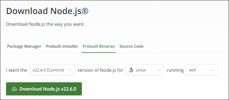 Node.js website prebuilt binaries download Linux 22.6.0