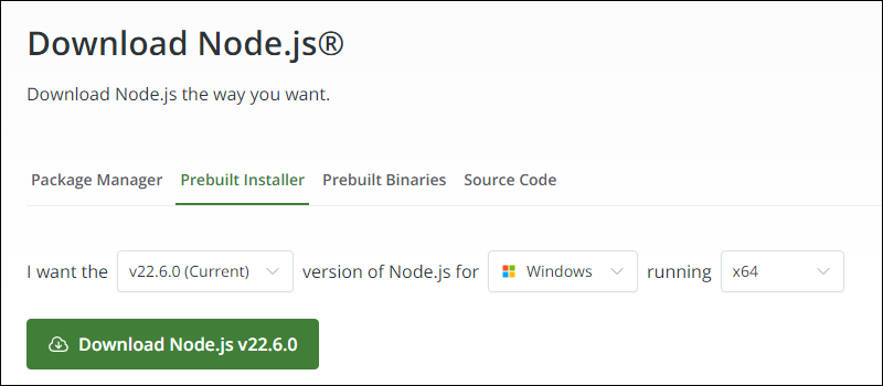 Nodej.s website prebuilt installer download Windows 22.6.0