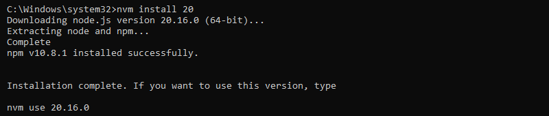 nvm install 20 cmd output