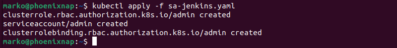 Applying Jenkins service account configuration with the kubectl apply command.