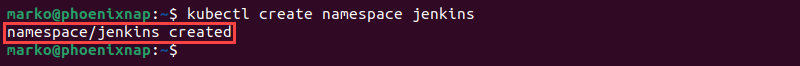 Successfully created the jenkins namespace.