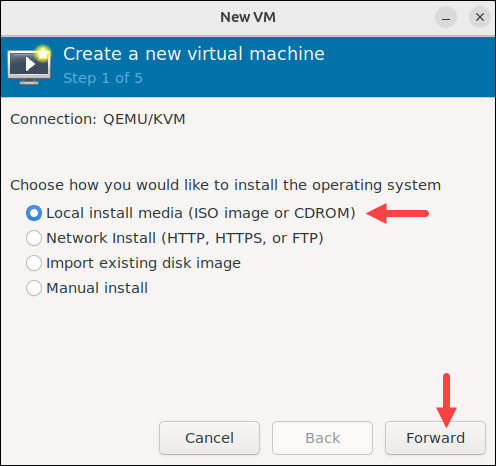 Selecting the option to install from an ISO file in virt manager on Ubuntu.