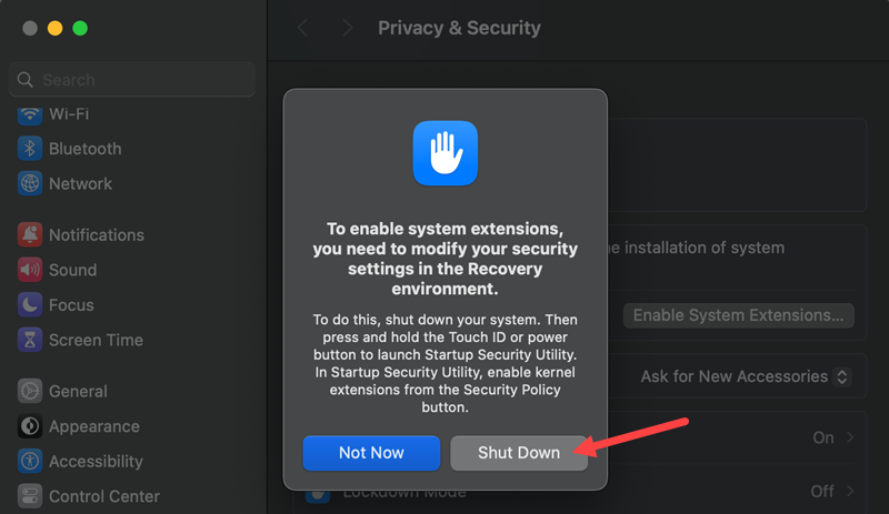 Shutting down the computer to access the Startup Security Utility.