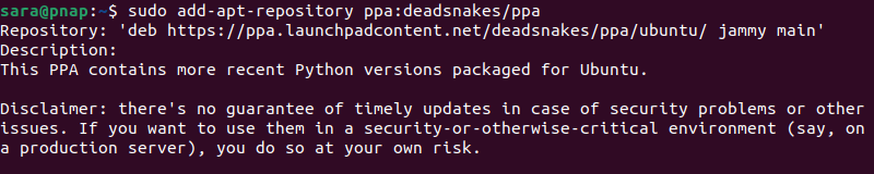 sudo add-apt-repository ppa:deadsnakes/ppa terminal output