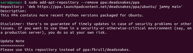 sudo add-apt-repository --remove ppa:deadsnakes/ppa terminal output