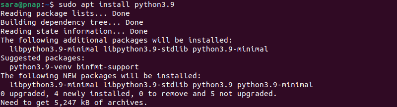 sudo apt install python3.9 terminal output