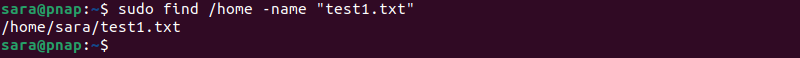 sudo find /home -name "test1.txt" terminal output