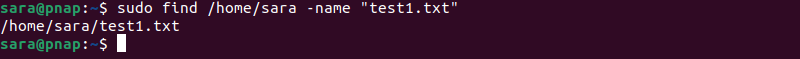 sudo find /home/sara -name "test1.txt" terminal output